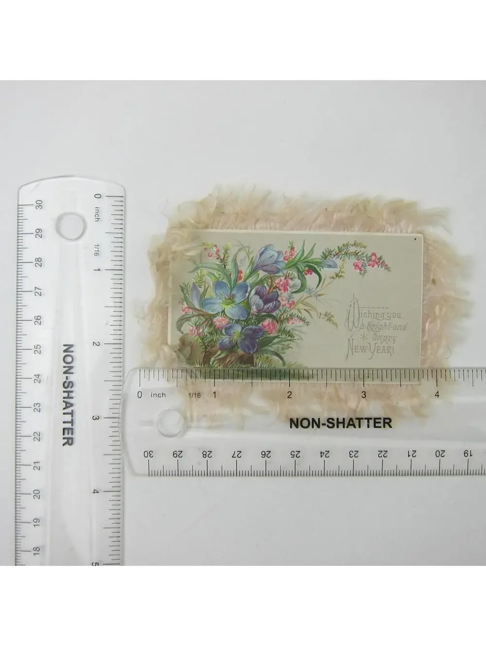 Victorian Christmas & New Years Card Ivory Fringe Blue & Pink Flowers Antique